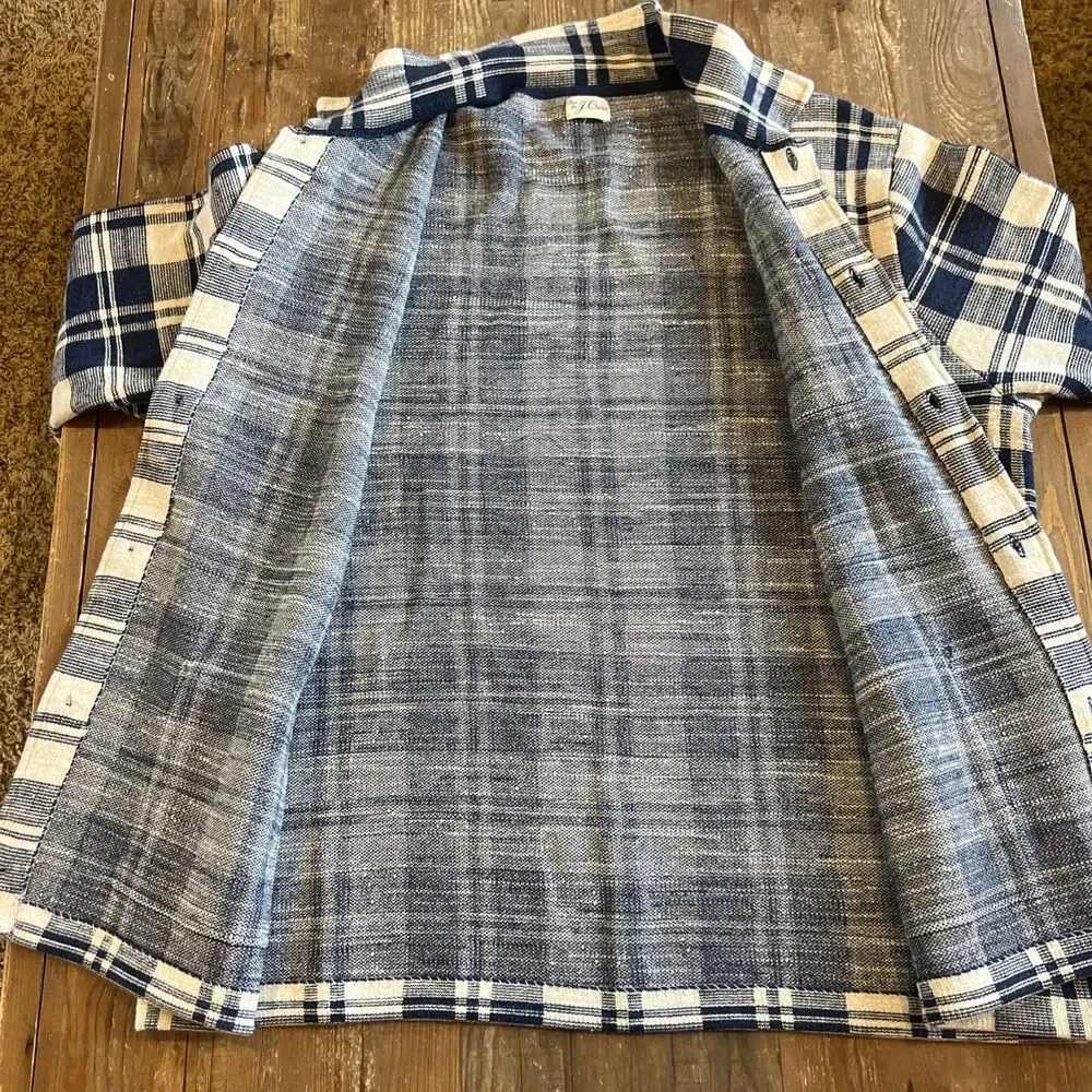 J. CREW Men's Large Cotton Knit Chore Jacket Sweater Navy Cream Plaid EUC